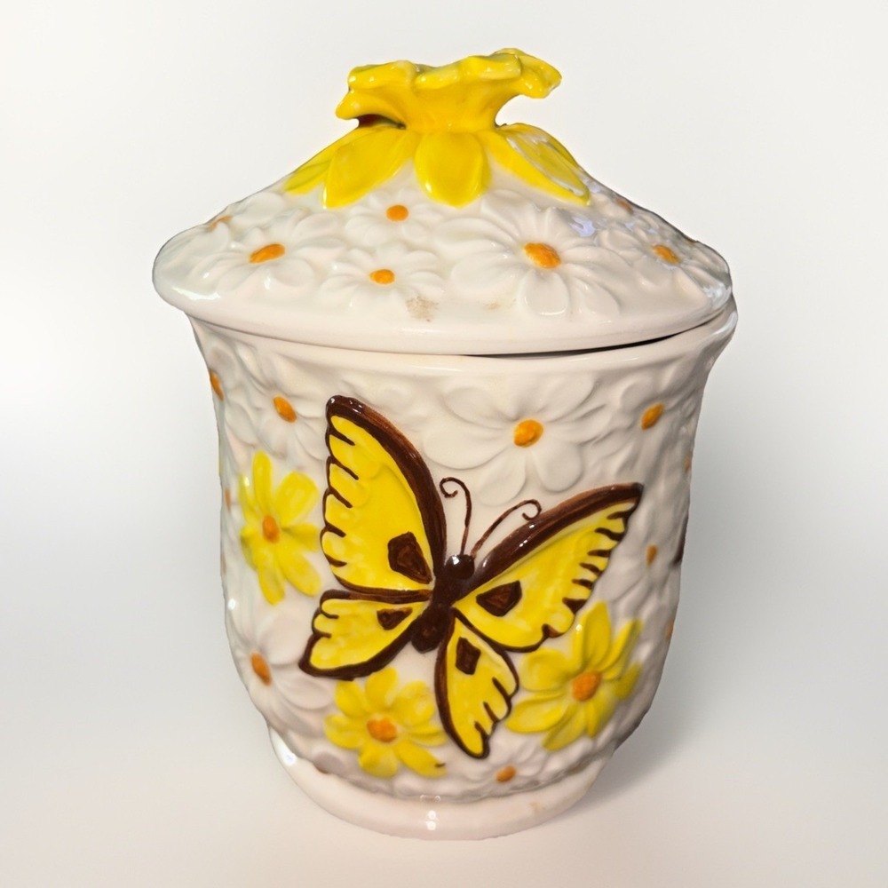 vintage Ceramic Butterfly floral Canister w Lid Raised Flowers kitchen 6"